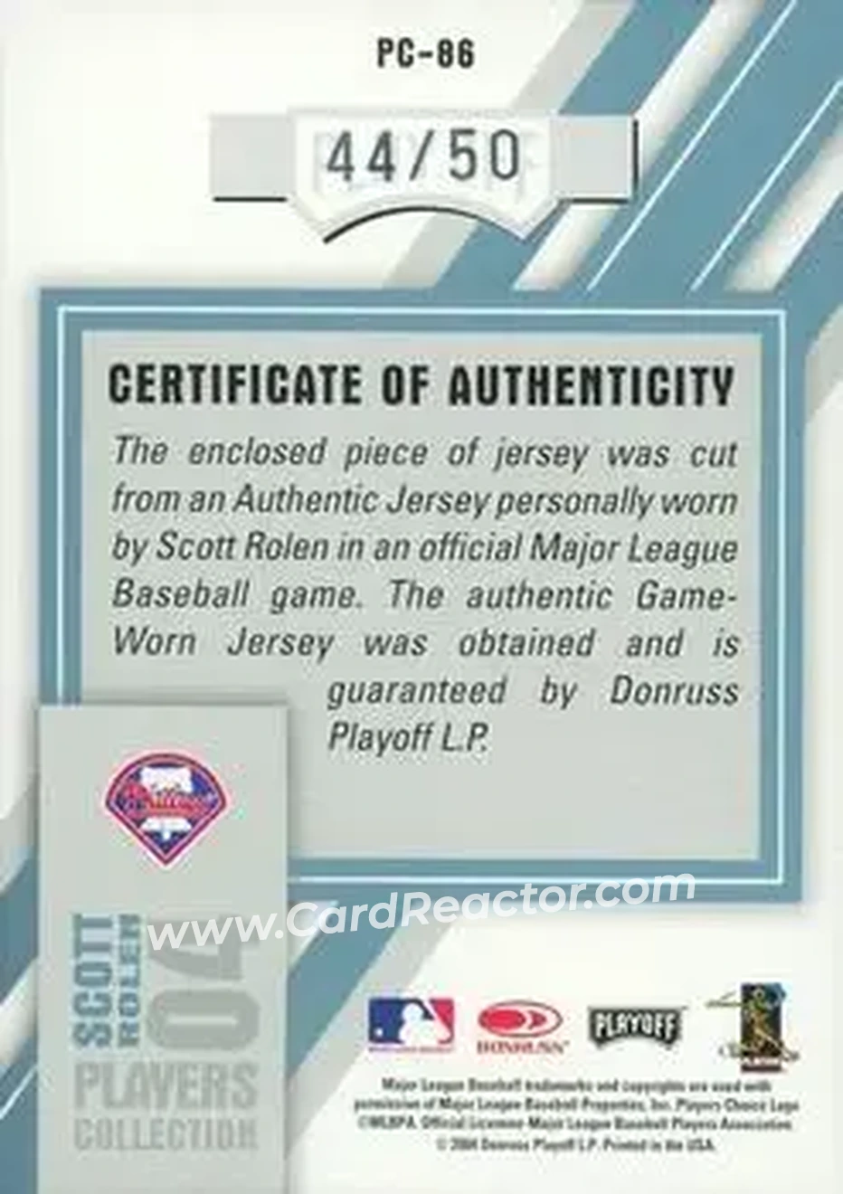 2004 Playoff Prestige - Players Collection Jersey Platinum #PC-86 - Scott Rolen - Philadelphia Phillies - Back 2004 Playoff Prestige - Players Collection Jersey Platinum #PC-86 - Scott Rolen - Philadelphia Phillies - Back