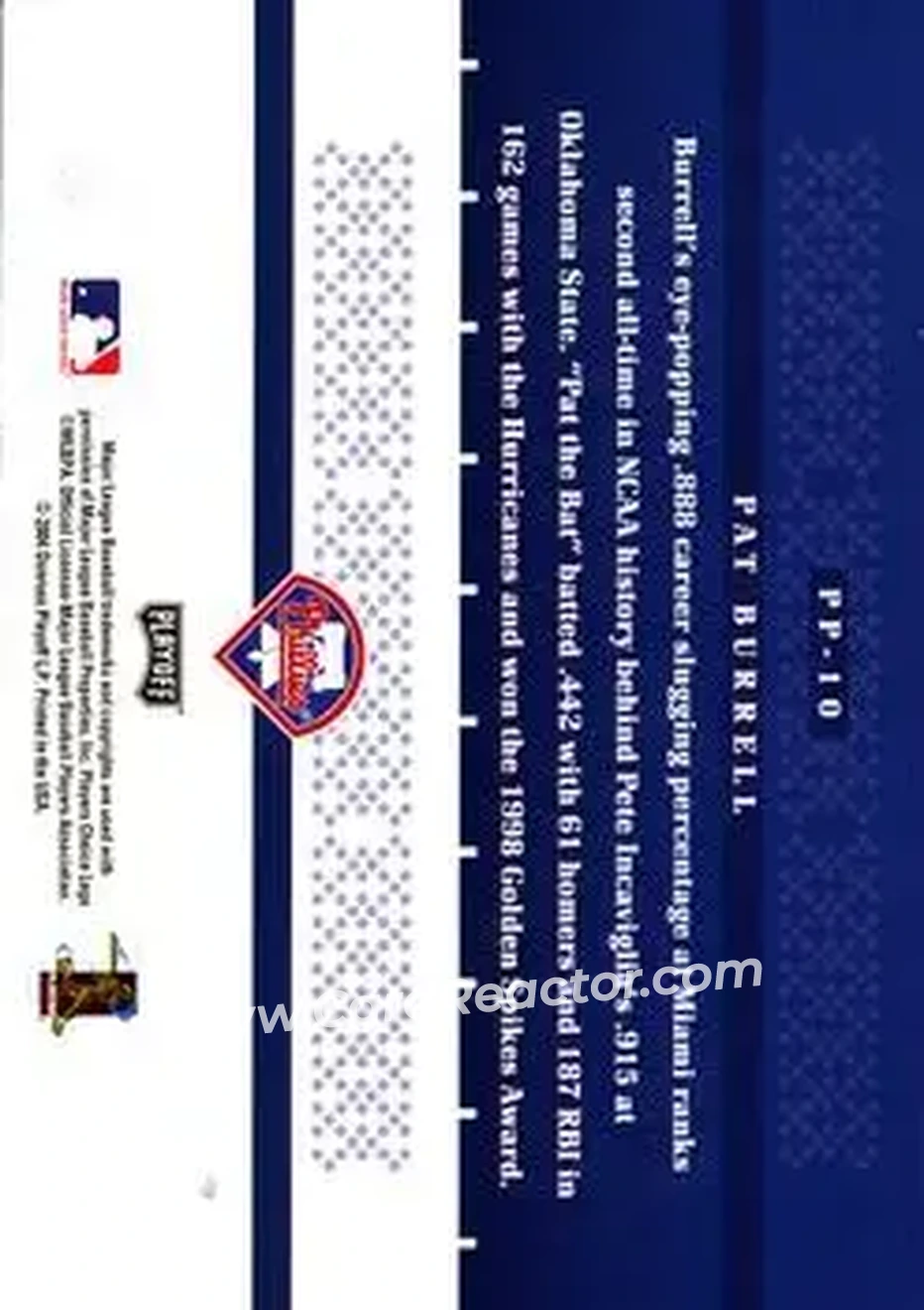 2004 Playoff Prestige - Prestigious Pros #PP-10 - Pat Burrell - Philadelphia Phillies - Back