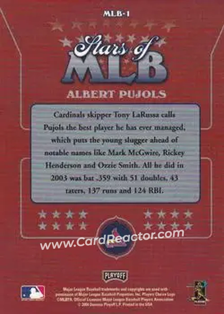 2004 Playoff Prestige - Stars of MLB #MLB-1 - Albert Pujols - St. Louis Cardinals - Back