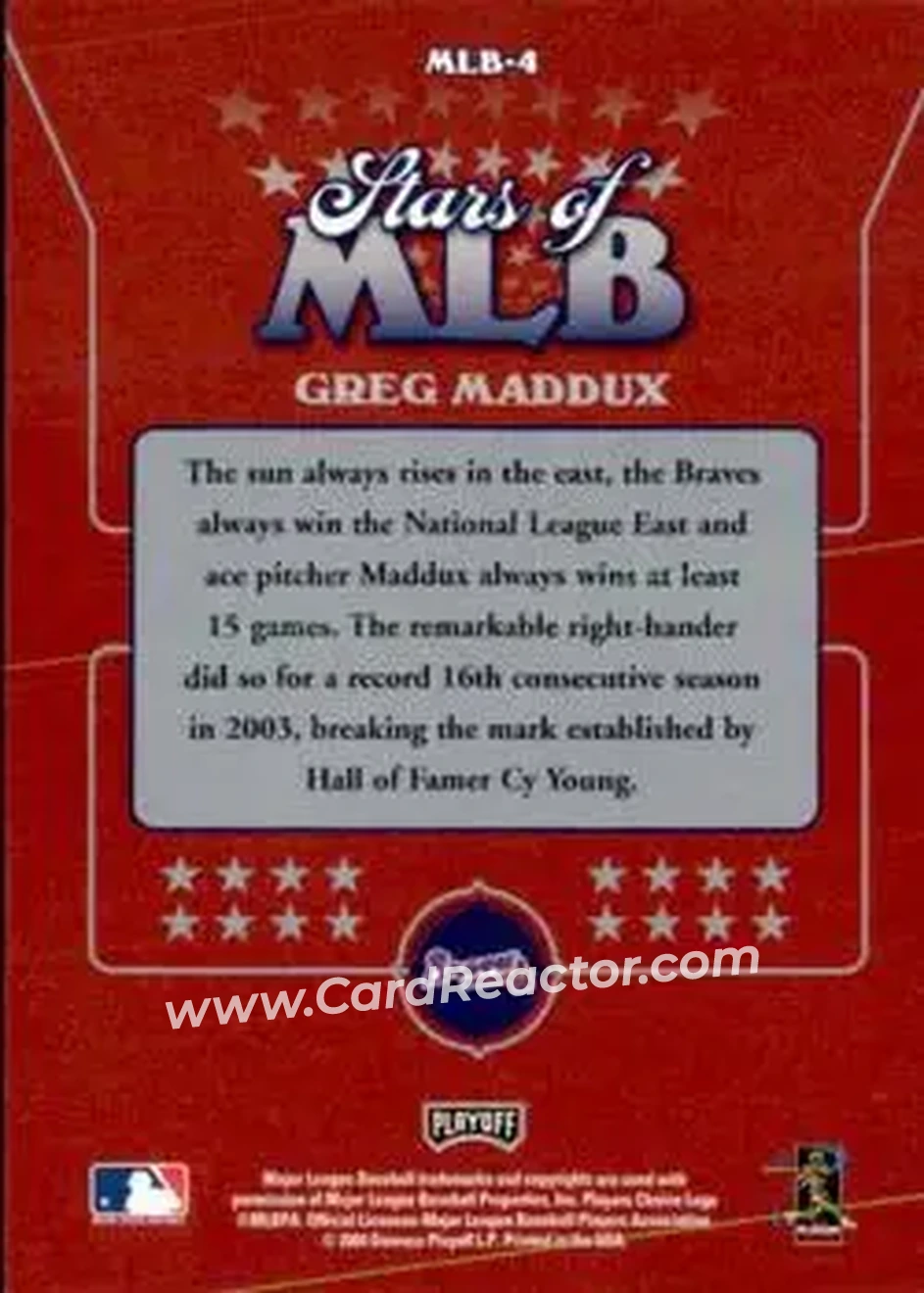 2004 Playoff Prestige - Stars of MLB #MLB-4 - Greg Maddux - Atlanta Braves - Back