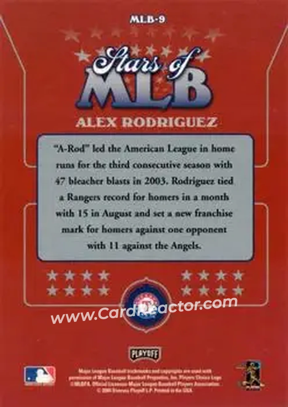 2004 Playoff Prestige - Stars of MLB #MLB-9 - Alex Rodriguez - Texas Rangers - Back 2004 Playoff Prestige - Stars of MLB #MLB-9 - Alex Rodriguez - Texas Rangers - Back