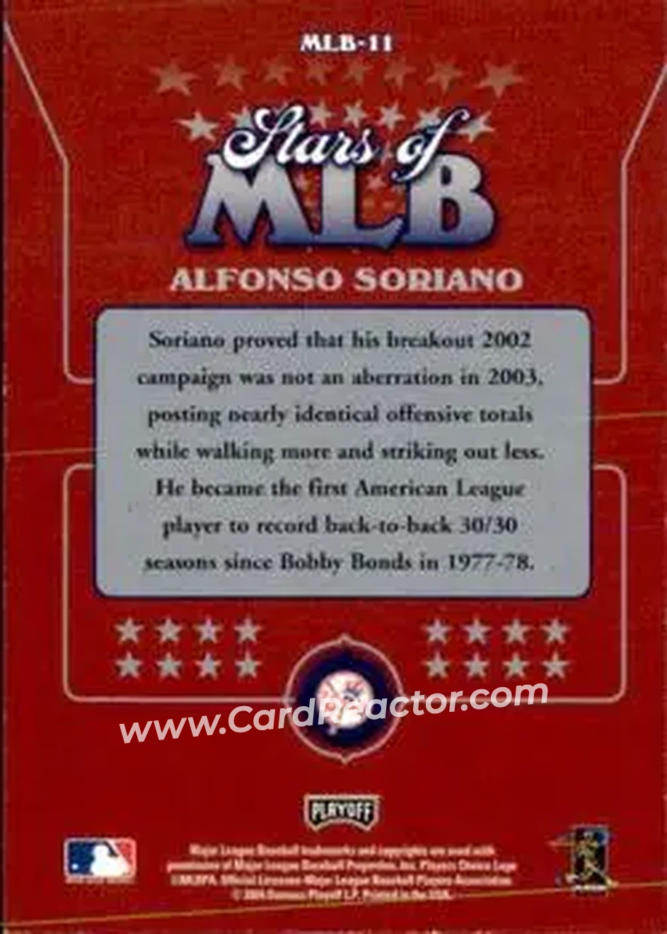 2004 Playoff Prestige - Stars of MLB #MLB-11 - Alfonso Soriano - New York Yankees - Back