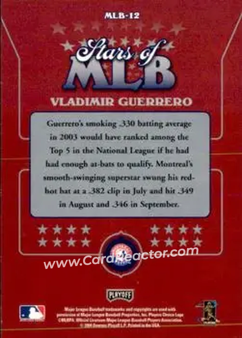 2004 Playoff Prestige - Stars of MLB #MLB-12 - Vladimir Guerrero - Montreal Expos - Back