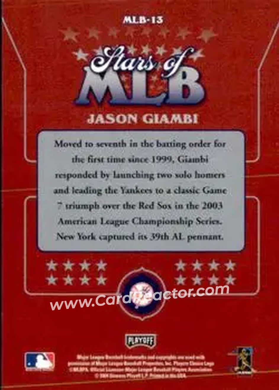 2004 Playoff Prestige - Stars of MLB #MLB-13 - Jason Giambi - New York Yankees - Back