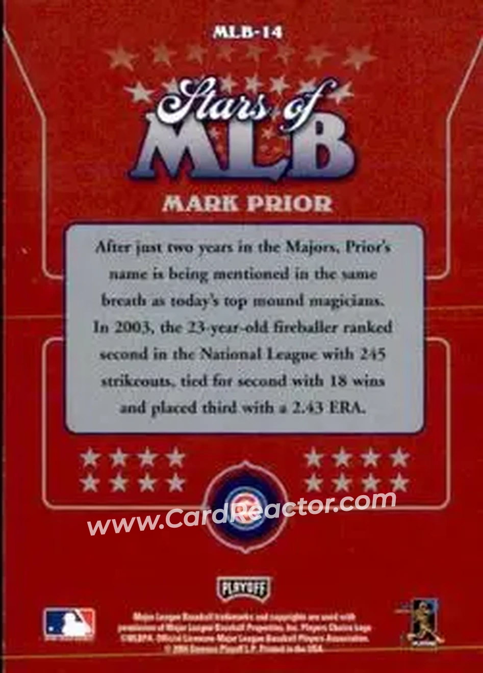 2004 Playoff Prestige - Stars of MLB #MLB-14 - Mark Prior - Chicago Cubs - Back