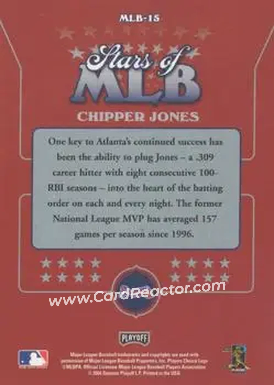 2004 Playoff Prestige - Stars of MLB #MLB-15 - Chipper Jones - Atlanta Braves - Back