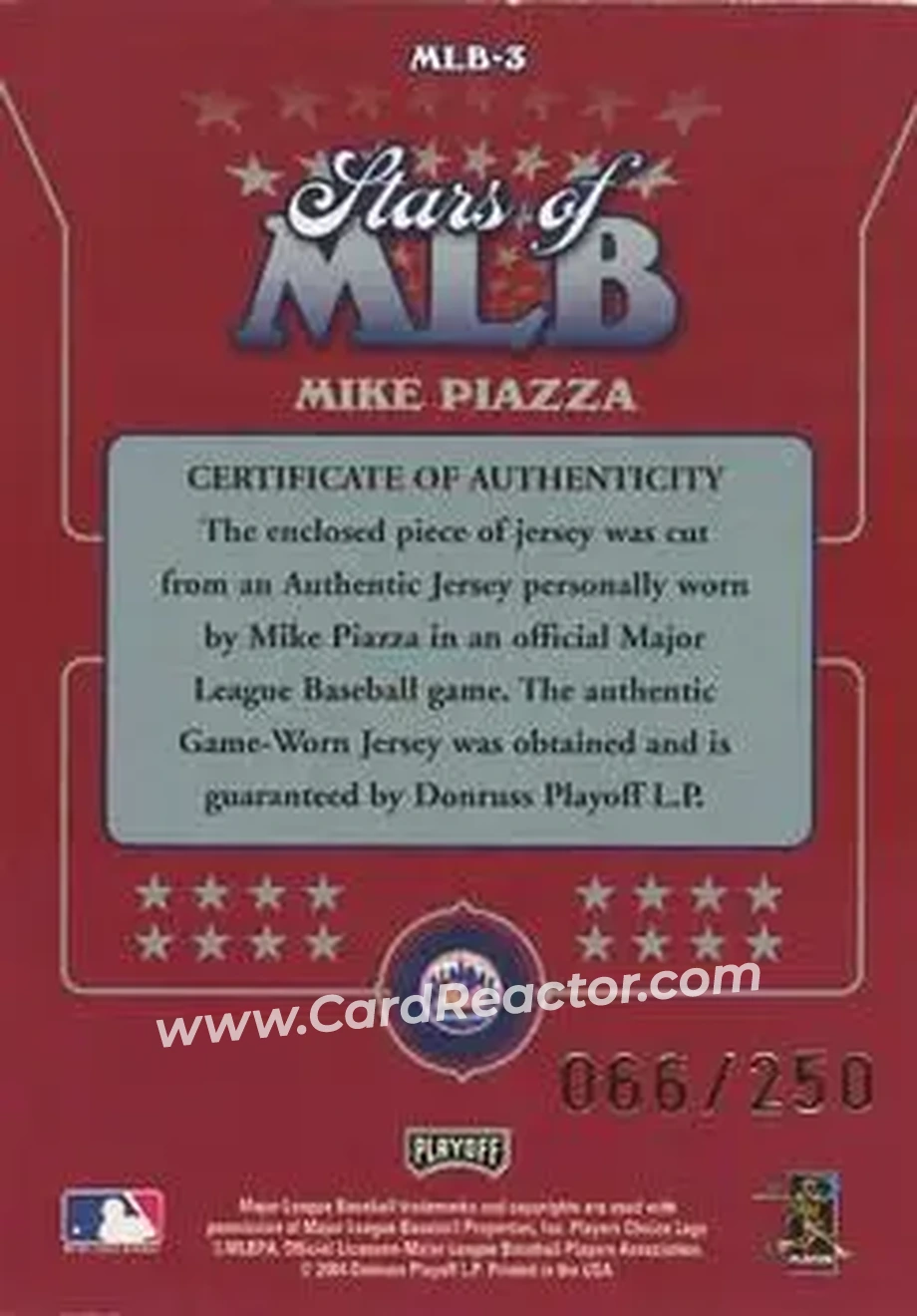2004 Playoff Prestige - Stars of MLB Jersey #MLB-3 - Mike Piazza - New York Mets - Back 2004 Playoff Prestige - Stars of MLB Jersey #MLB-3 - Mike Piazza - New York Mets - Back