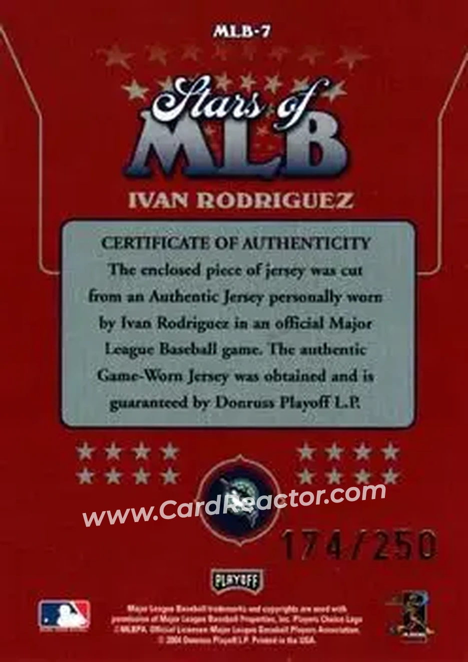 2004 Playoff Prestige - Stars of MLB Jersey #MLB-7 - Ivan Rodriguez - Florida Marlins - Back 2004 Playoff Prestige - Stars of MLB Jersey #MLB-7 - Ivan Rodriguez - Florida Marlins - Back