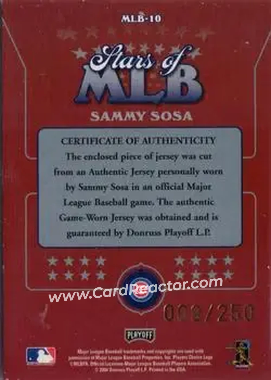 2004 Playoff Prestige - Stars of MLB Jersey #MLB-10 - Sammy Sosa - Chicago Cubs - Back
