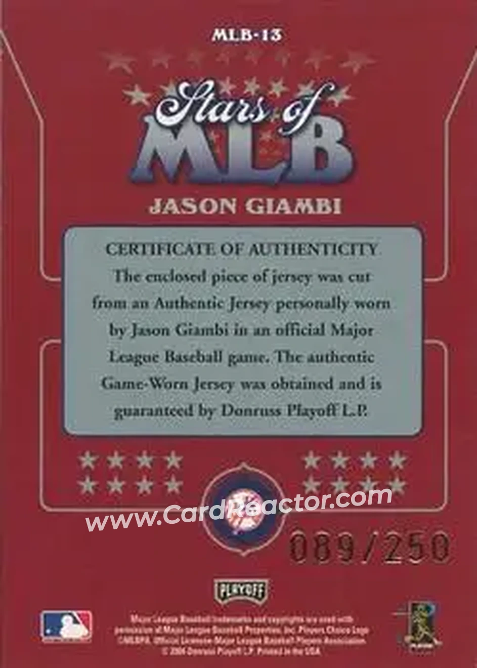 2004 Playoff Prestige - Stars of MLB Jersey #MLB-13 - Jason Giambi - New York Yankees - Back