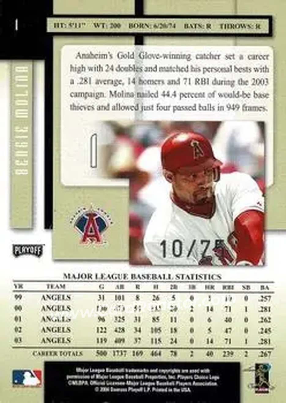 2004 Playoff Prestige - Xtra Bases Black #1 - Bengie Molina - Anaheim Angels - Back