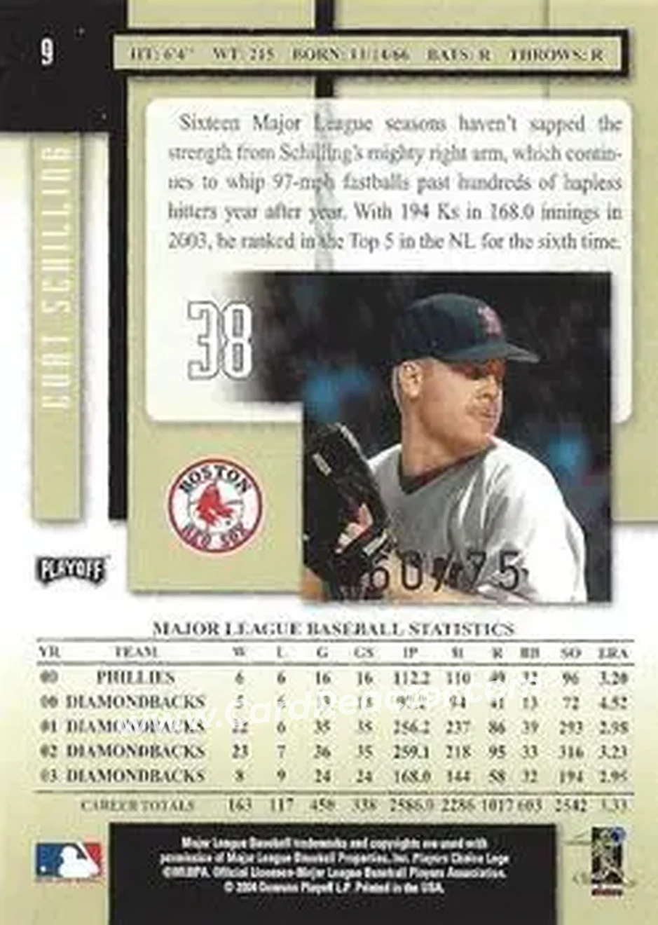 2004 Playoff Prestige - Xtra Bases Black #9 - Curt Schilling - Boston Red Sox - Back