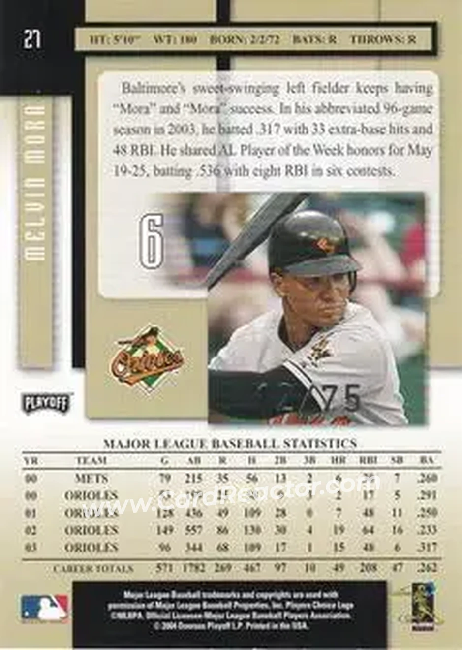 2004 Playoff Prestige - Xtra Bases Black #27 - Melvin Mora - Baltimore Orioles - Back