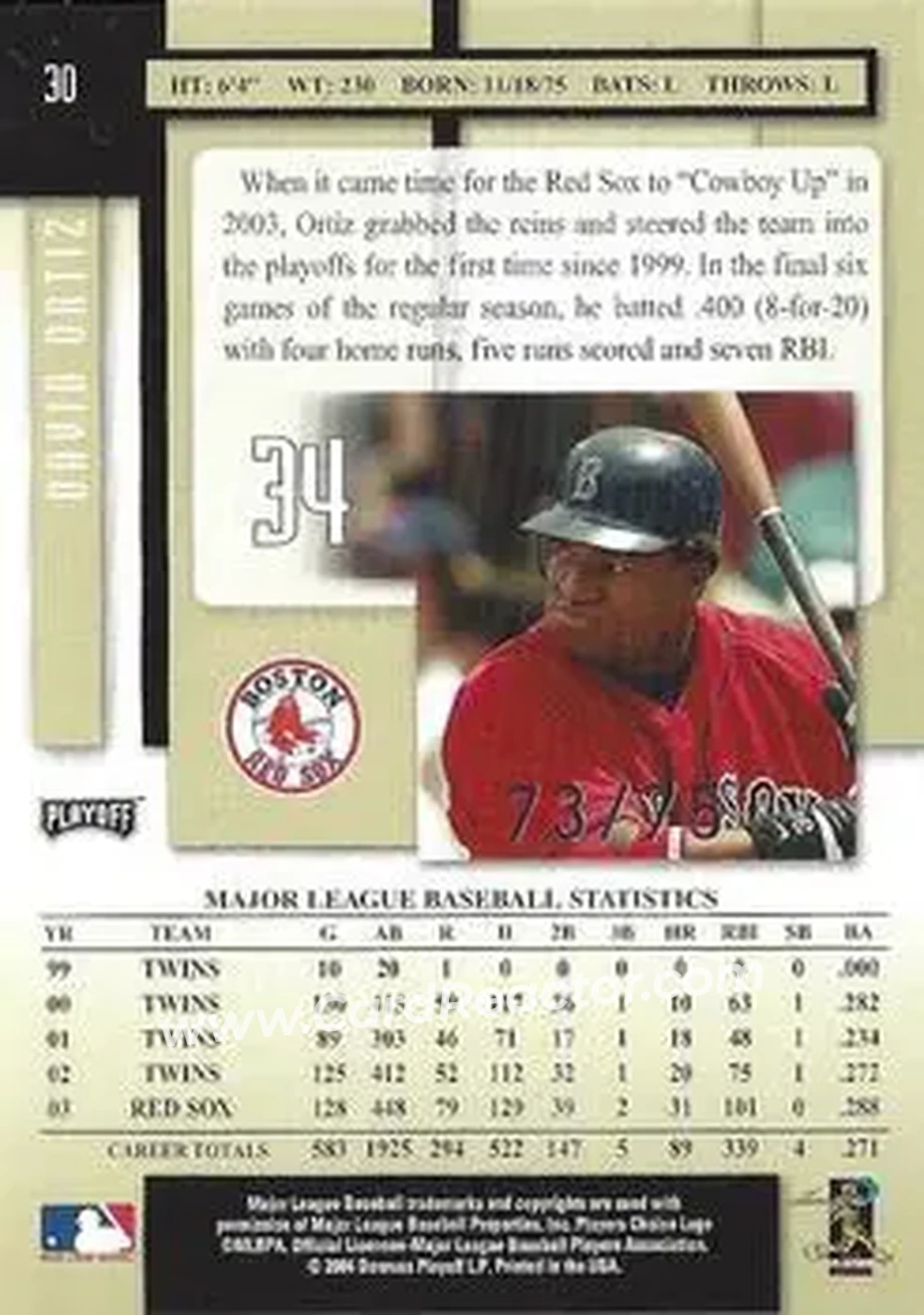 2004 Playoff Prestige - Xtra Bases Black #30 - David Ortiz - Boston Red Sox - Back