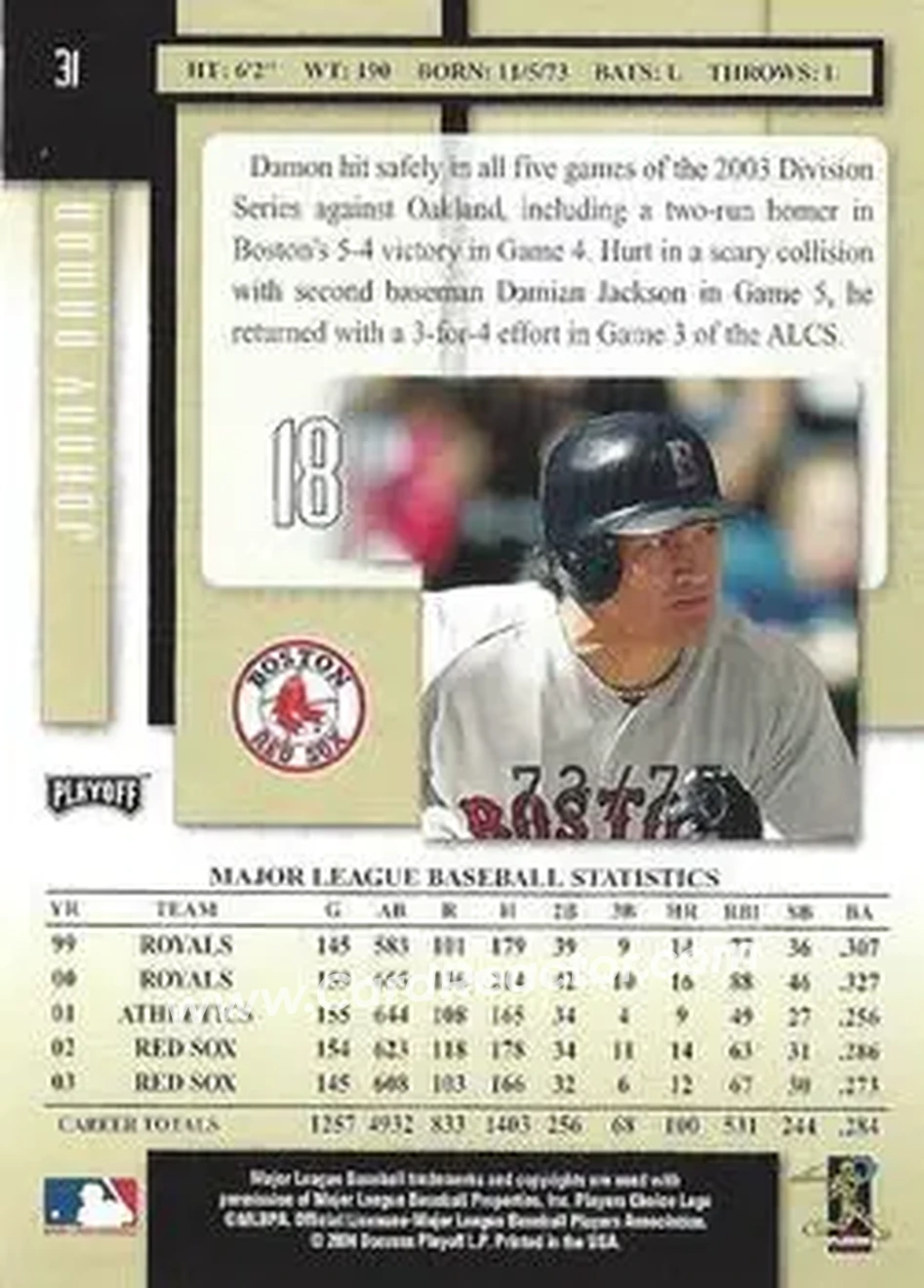 2004 Playoff Prestige - Xtra Bases Black #31 - Johnny Damon - Boston Red Sox - Back