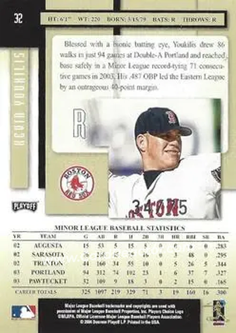 2004 Playoff Prestige - Xtra Bases Black #32 - Kevin Youkilis - Boston Red Sox - Back