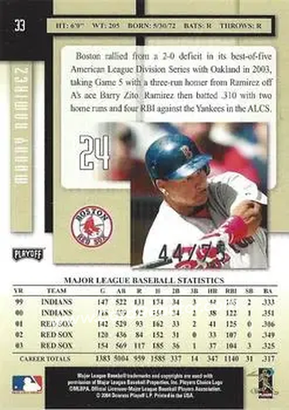 2004 Playoff Prestige - Xtra Bases Black #33 - Manny Ramirez - Boston Red Sox - Back