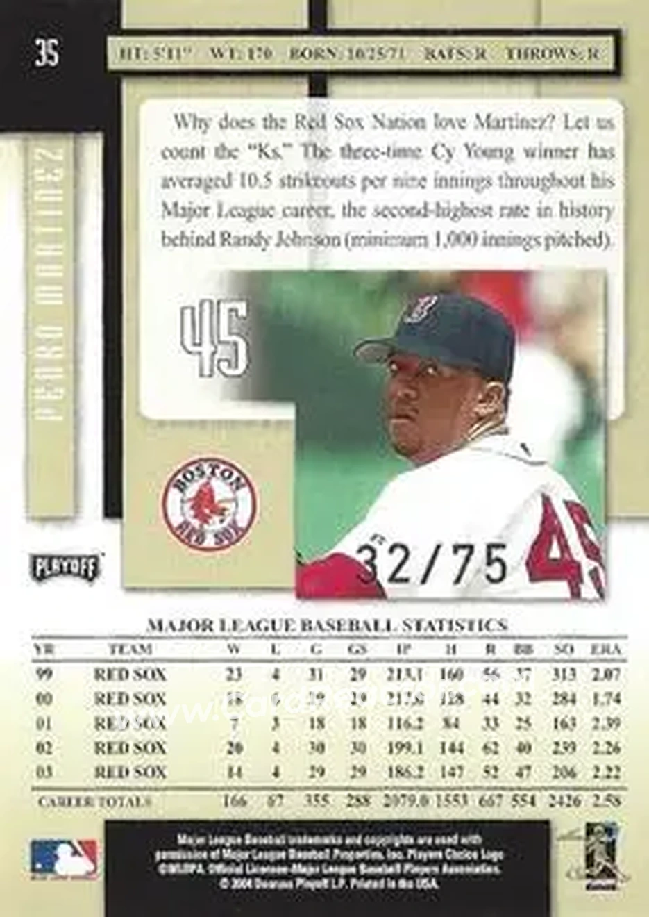 2004 Playoff Prestige - Xtra Bases Black #35 - Pedro Martinez - Boston Red Sox - Back