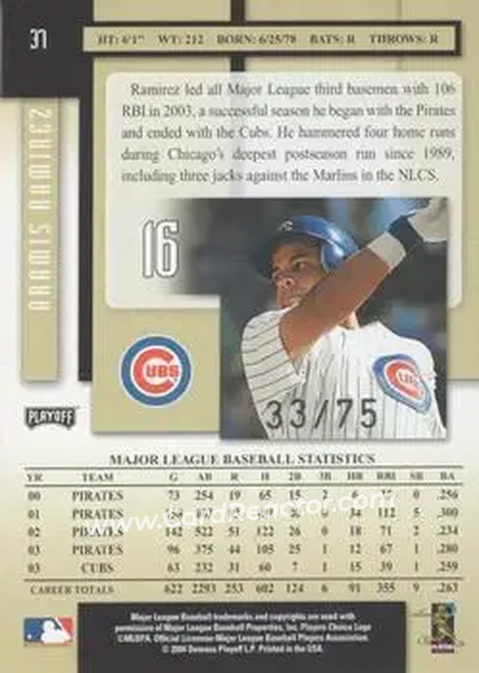 2004 Playoff Prestige - Xtra Bases Black #37 - Aramis Ramirez - Chicago Cubs - Back