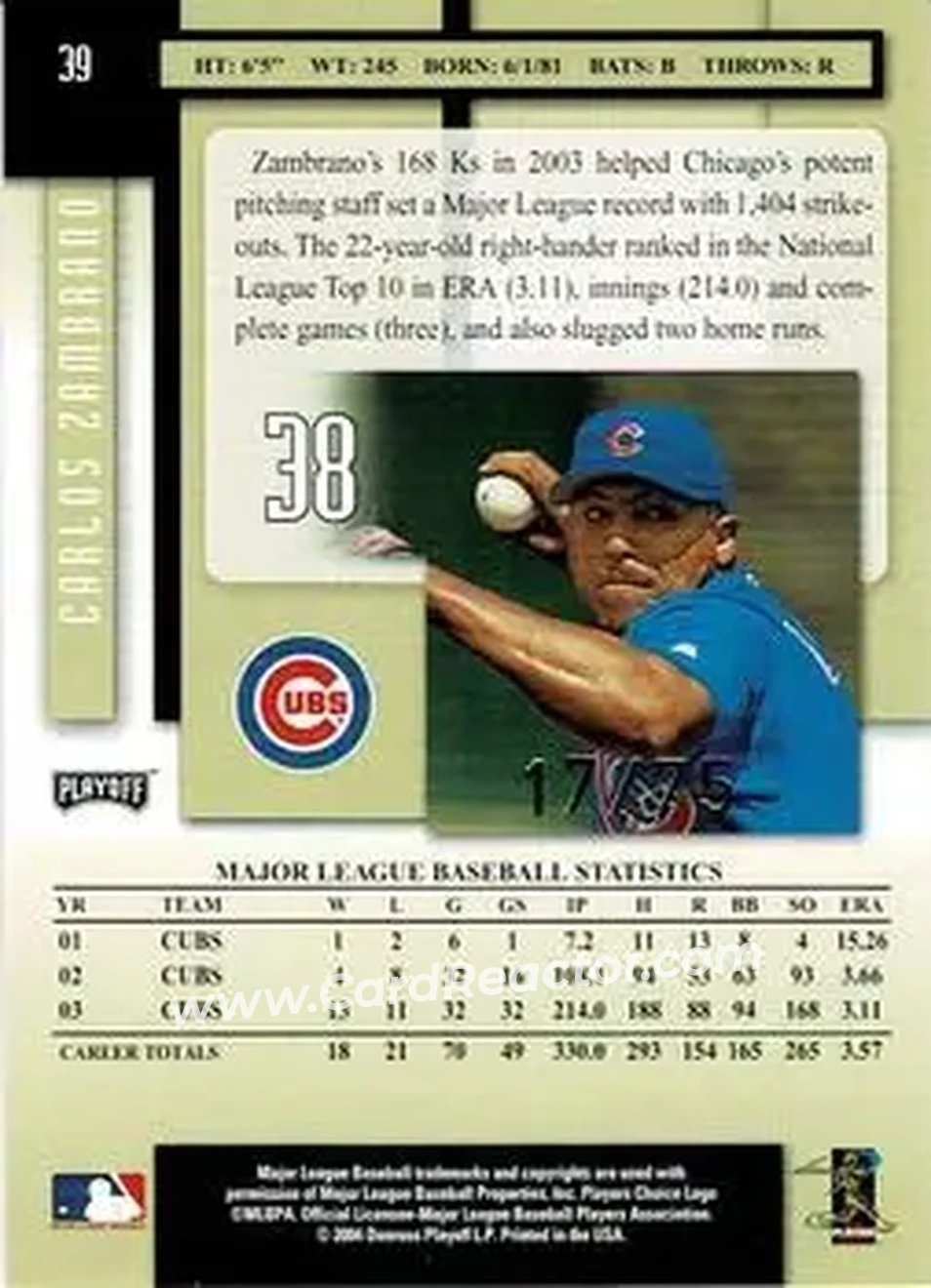 2004 Playoff Prestige - Xtra Bases Black #39 - Carlos Zambrano - Chicago Cubs - Back