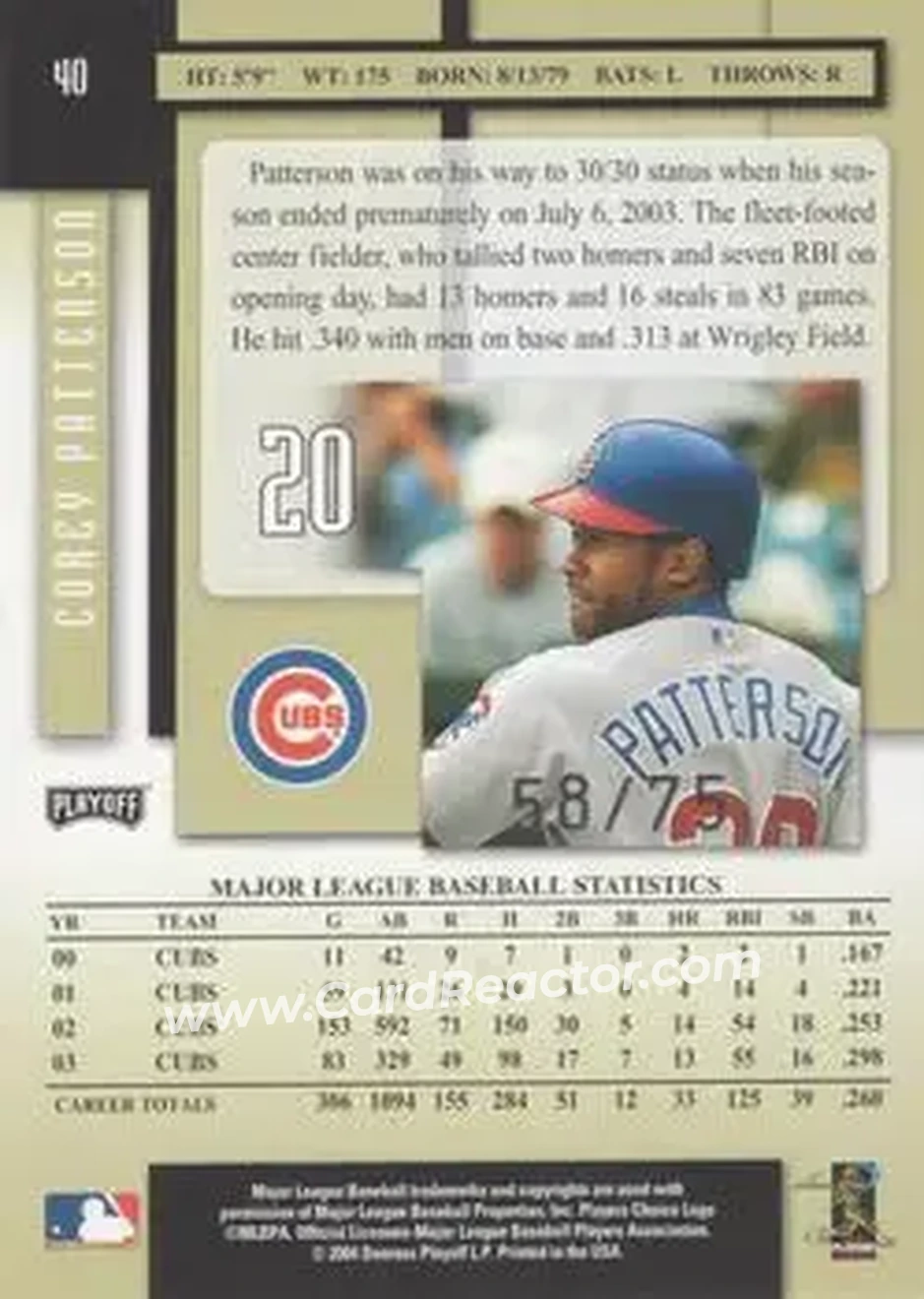 2004 Playoff Prestige - Xtra Bases Black #40 - Corey Patterson - Chicago Cubs - Back 2004 Playoff Prestige - Xtra Bases Black #40 - Corey Patterson - Chicago Cubs - Back