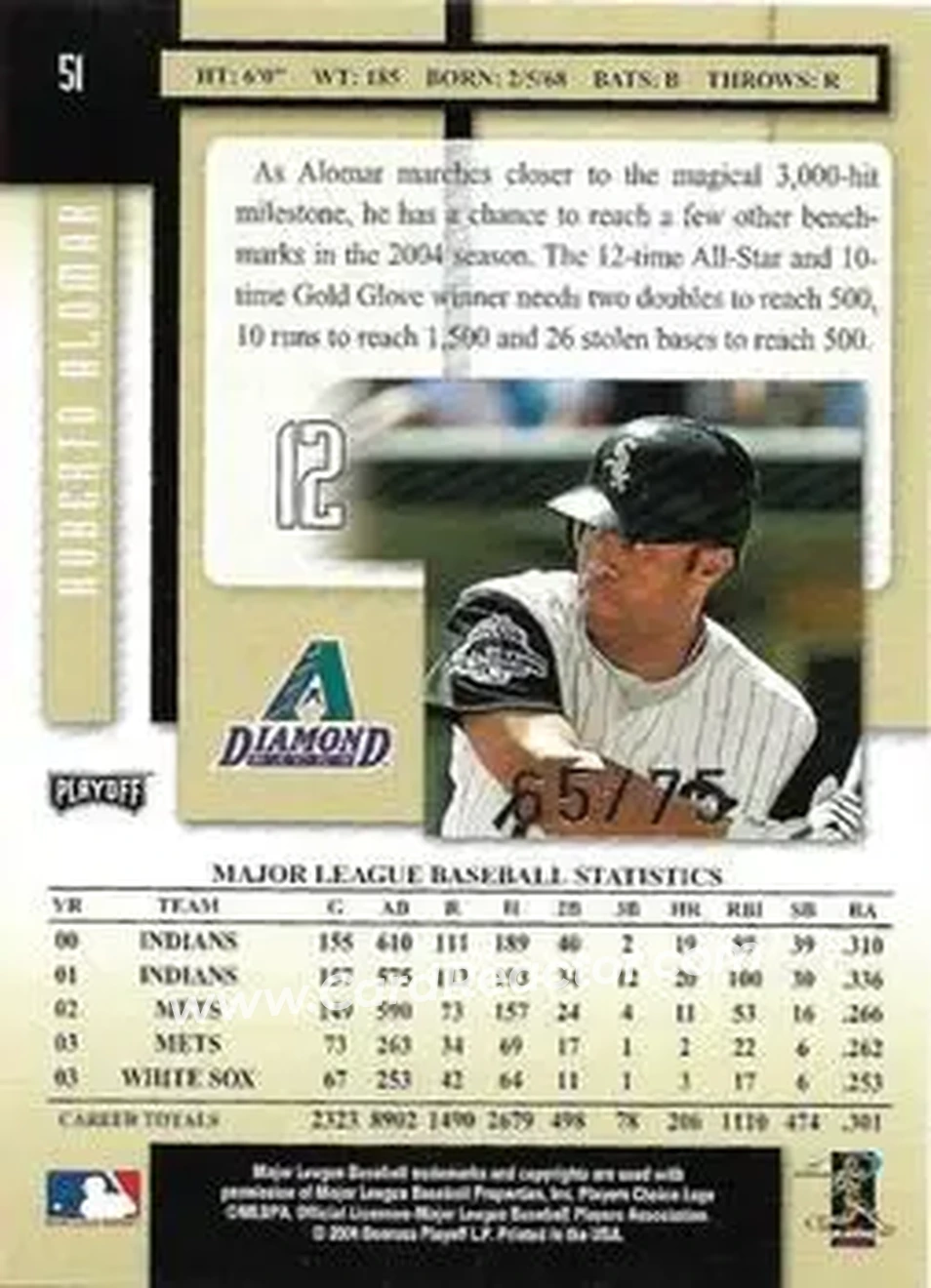 2004 Playoff Prestige - Xtra Bases Black #51 - Roberto Alomar - Arizona Diamondbacks - Back