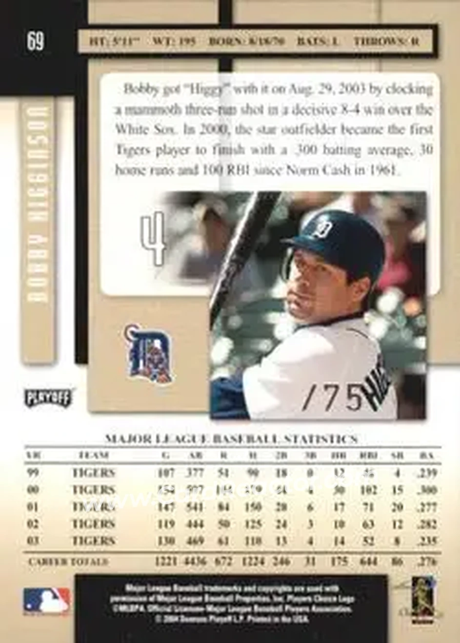 2004 Playoff Prestige - Xtra Bases Black #69 - Bobby Higginson - Detroit Tigers - Back