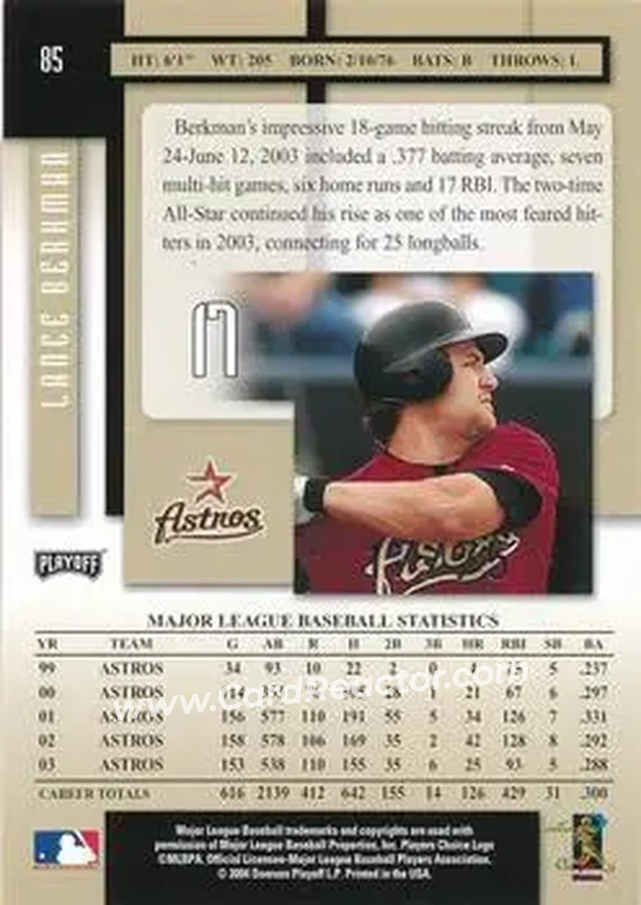 2004 Playoff Prestige - Xtra Bases Black #85 - Lance Berkman - Houston Astros - Back