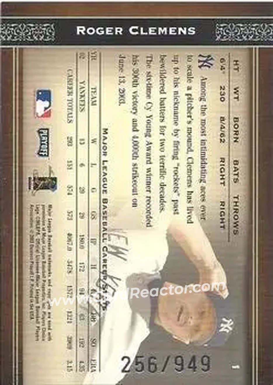 2004 Playoff Prime Cuts #1 - Roger Clemens - New York Yankees - Back