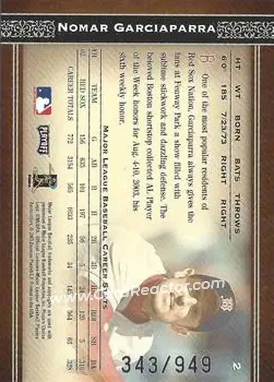 2004 Playoff Prime Cuts #2 - Nomar Garciaparra - Boston Red Sox - Back