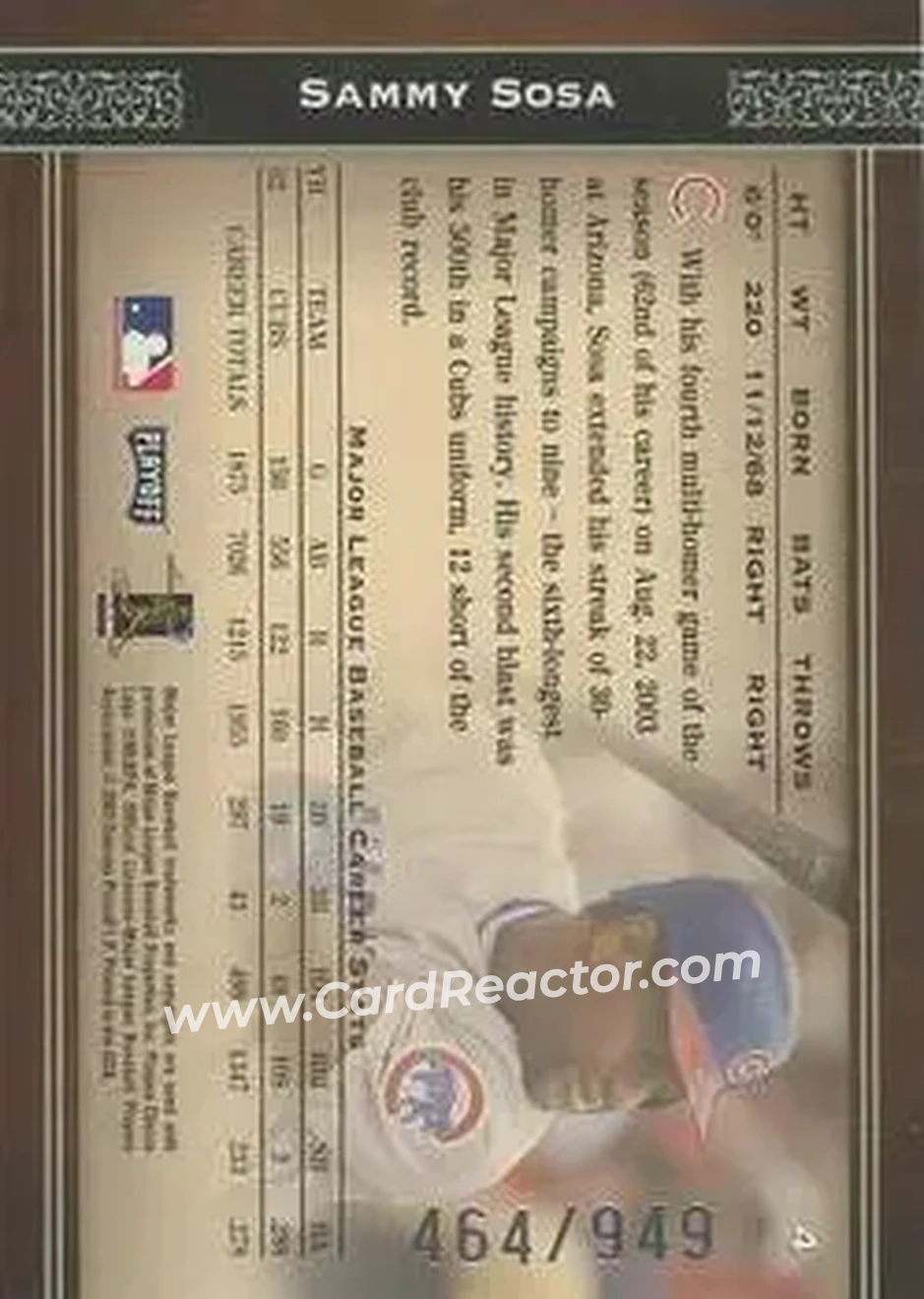 2004 Playoff Prime Cuts #4 - Sammy Sosa - Chicago Cubs - Back