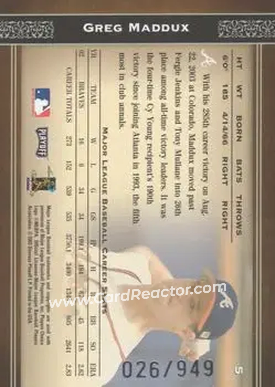 2004 Playoff Prime Cuts #5 - Greg Maddux - Atlanta Braves - Back