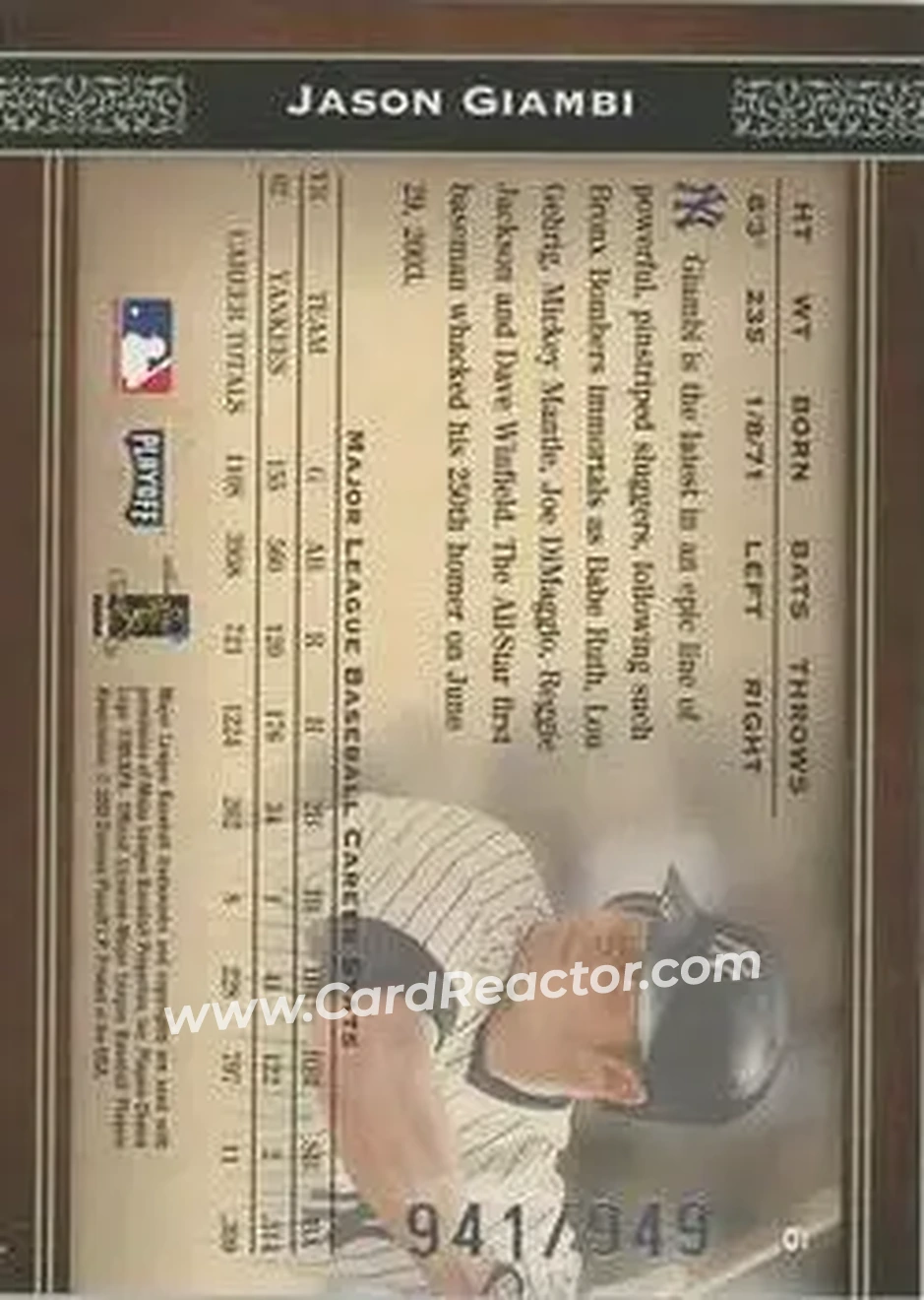 2004 Playoff Prime Cuts #6 - Jason Giambi - New York Yankees - Back