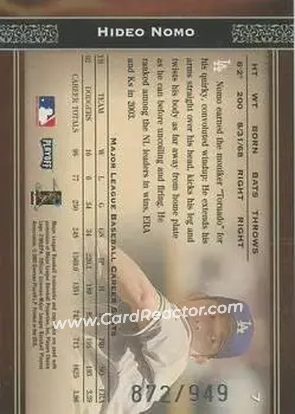 2004 Playoff Prime Cuts #7 - Hideo Nomo - Los Angeles Dodgers - Back