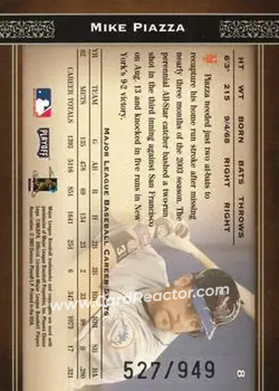 2004 Playoff Prime Cuts #8 - Mike Piazza - New York Mets - Back