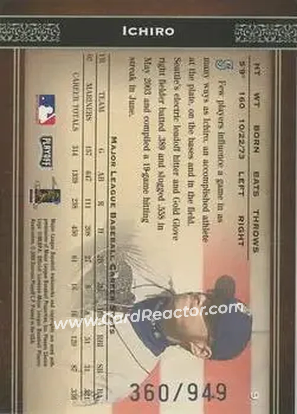 2004 Playoff Prime Cuts #9 - Ichiro - Seattle Mariners - Back