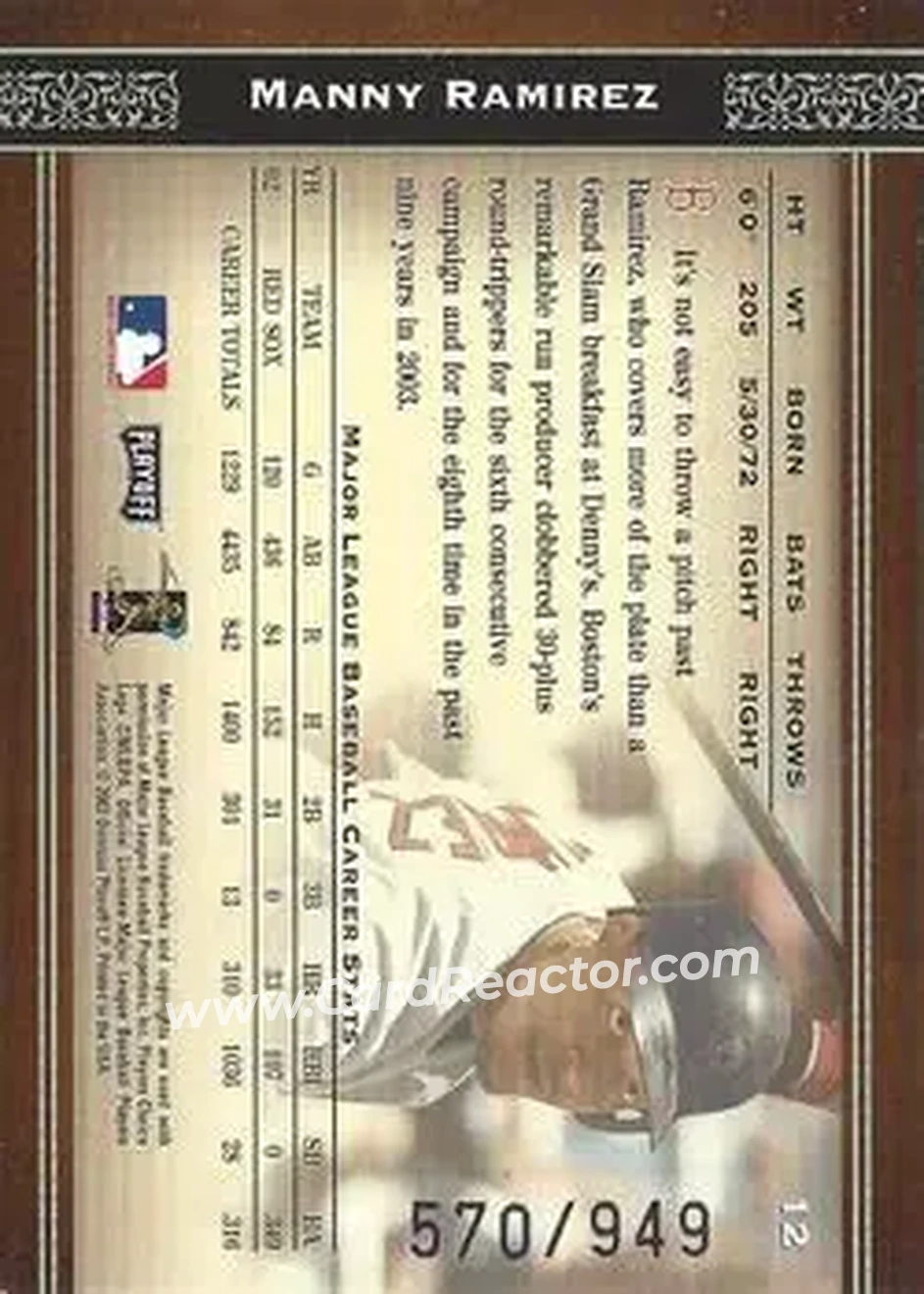 2004 Playoff Prime Cuts #12 - Manny Ramirez - Boston Red Sox - Back