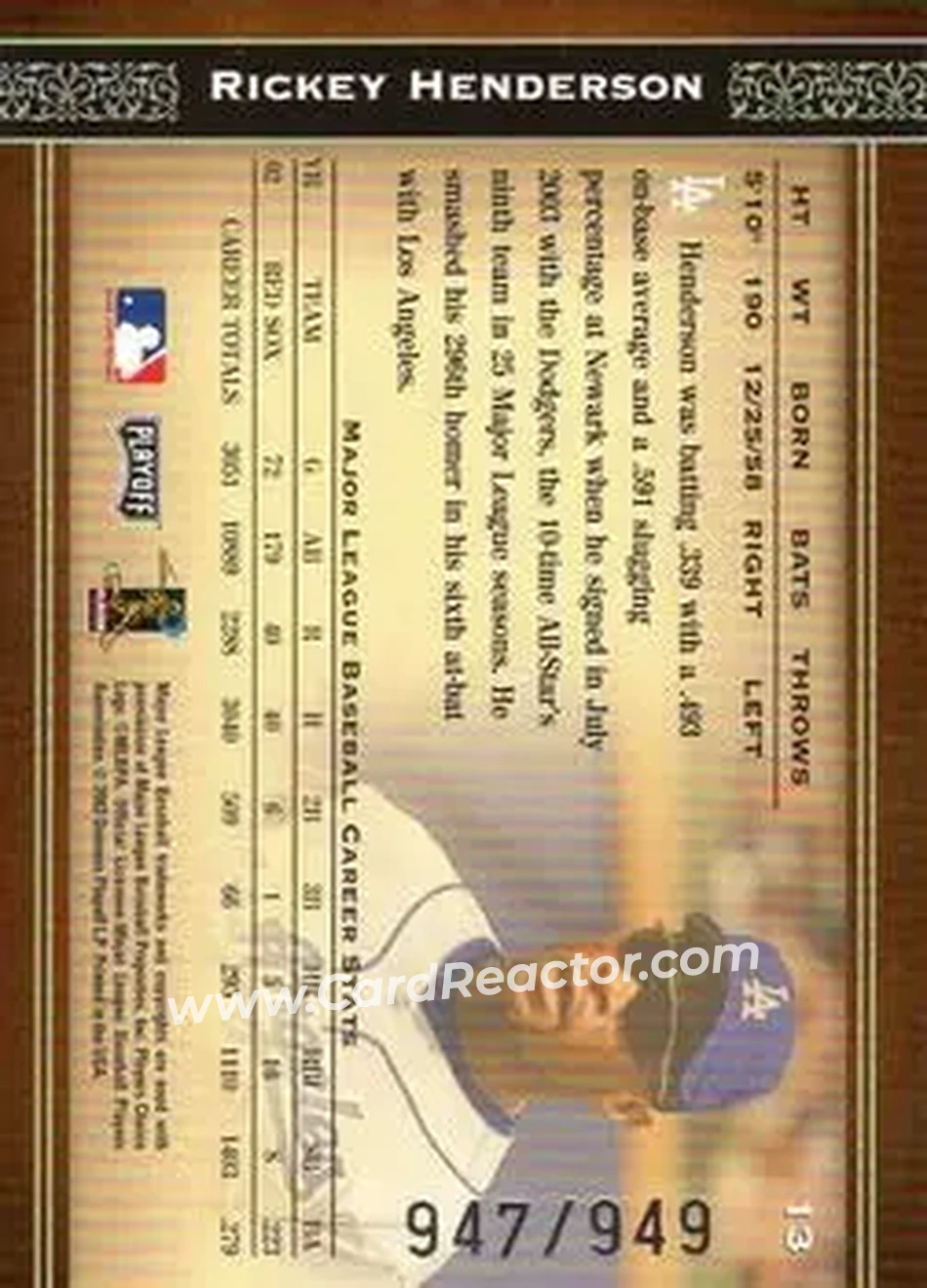 2004 Playoff Prime Cuts #13 - Rickey Henderson - Los Angeles Dodgers - Back