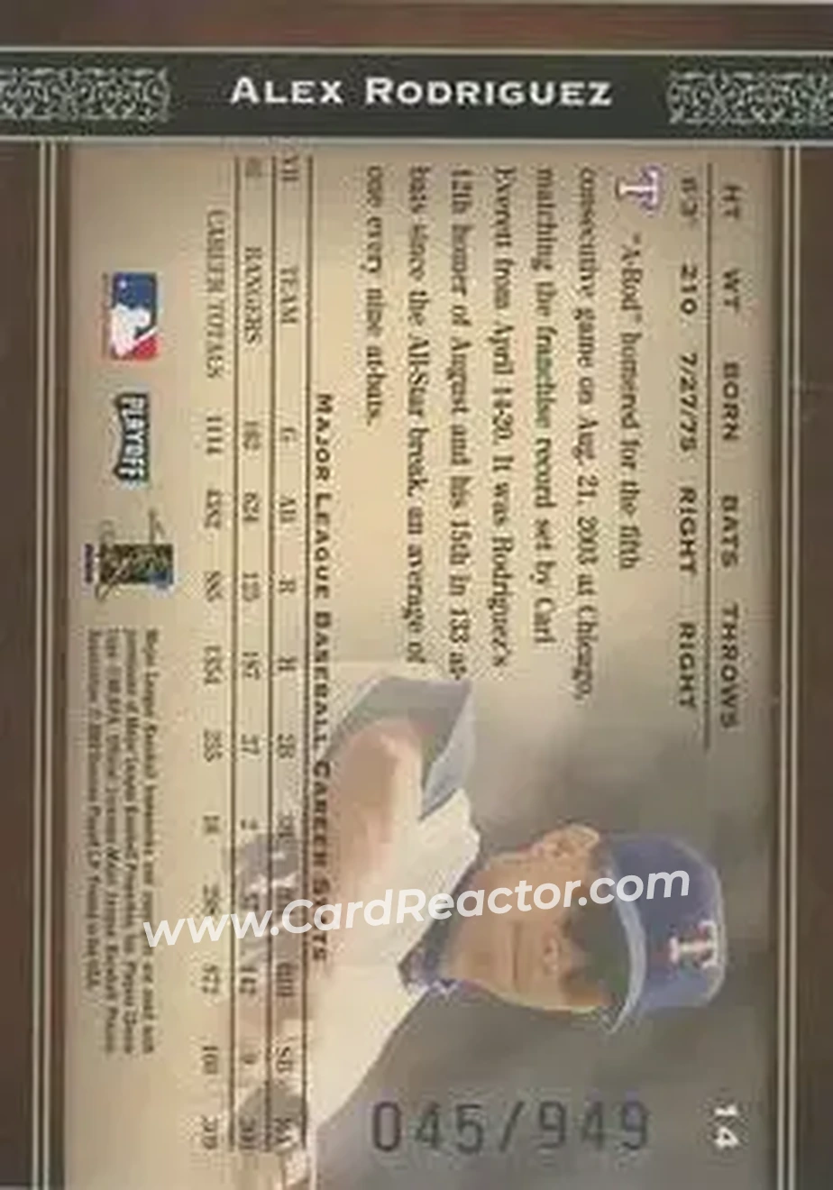 2004 Playoff Prime Cuts #14 - Alex Rodriguez - Texas Rangers - Back