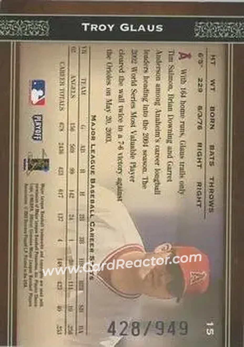 2004 Playoff Prime Cuts #15 - Troy Glaus - Anaheim Angels - Back