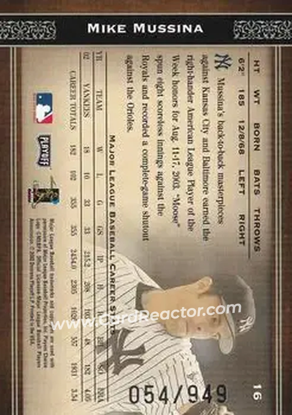 2004 Playoff Prime Cuts #16 - Mike Mussina - New York Yankees - Back