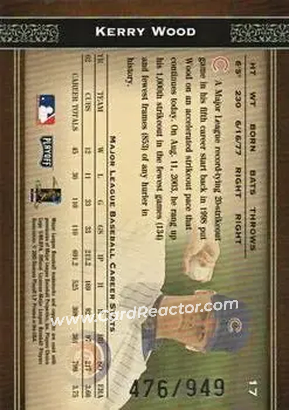 2004 Playoff Prime Cuts #17 - Kerry Wood - Chicago Cubs - Back