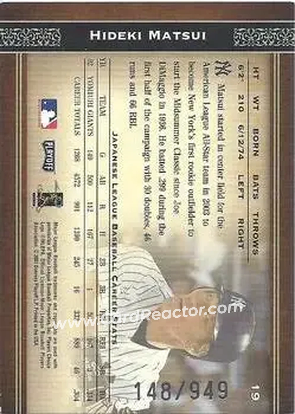 2004 Playoff Prime Cuts #19 - Hideki Matsui - New York Yankees - Back