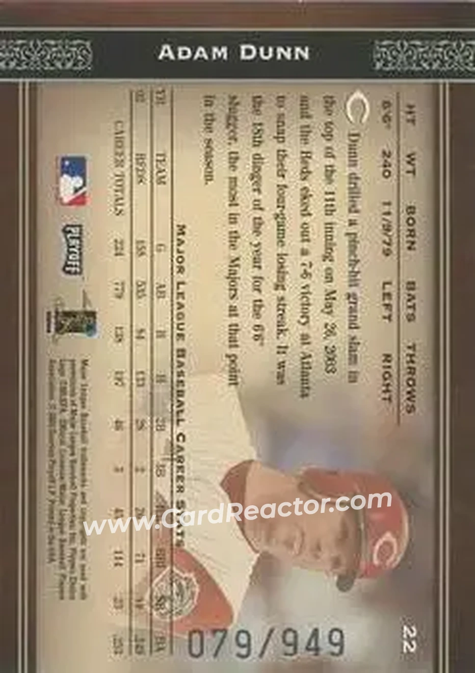 2004 Playoff Prime Cuts #22 - Adam Dunn - Cincinnati Reds - Back