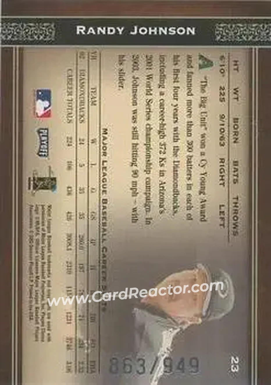 2004 Playoff Prime Cuts #23 - Randy Johnson - Arizona Diamondbacks - Back