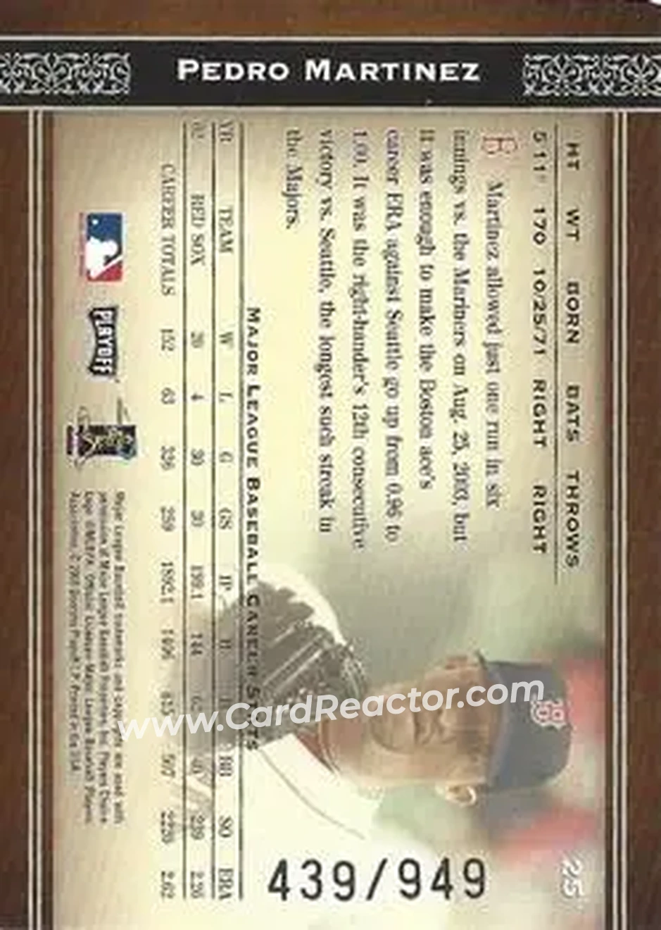 2004 Playoff Prime Cuts #25 - Pedro Martinez - Boston Red Sox - Back