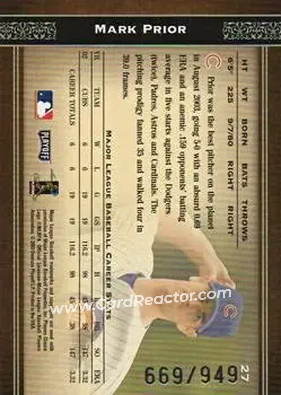 2004 Playoff Prime Cuts #27 - Mark Prior - Chicago Cubs - Back