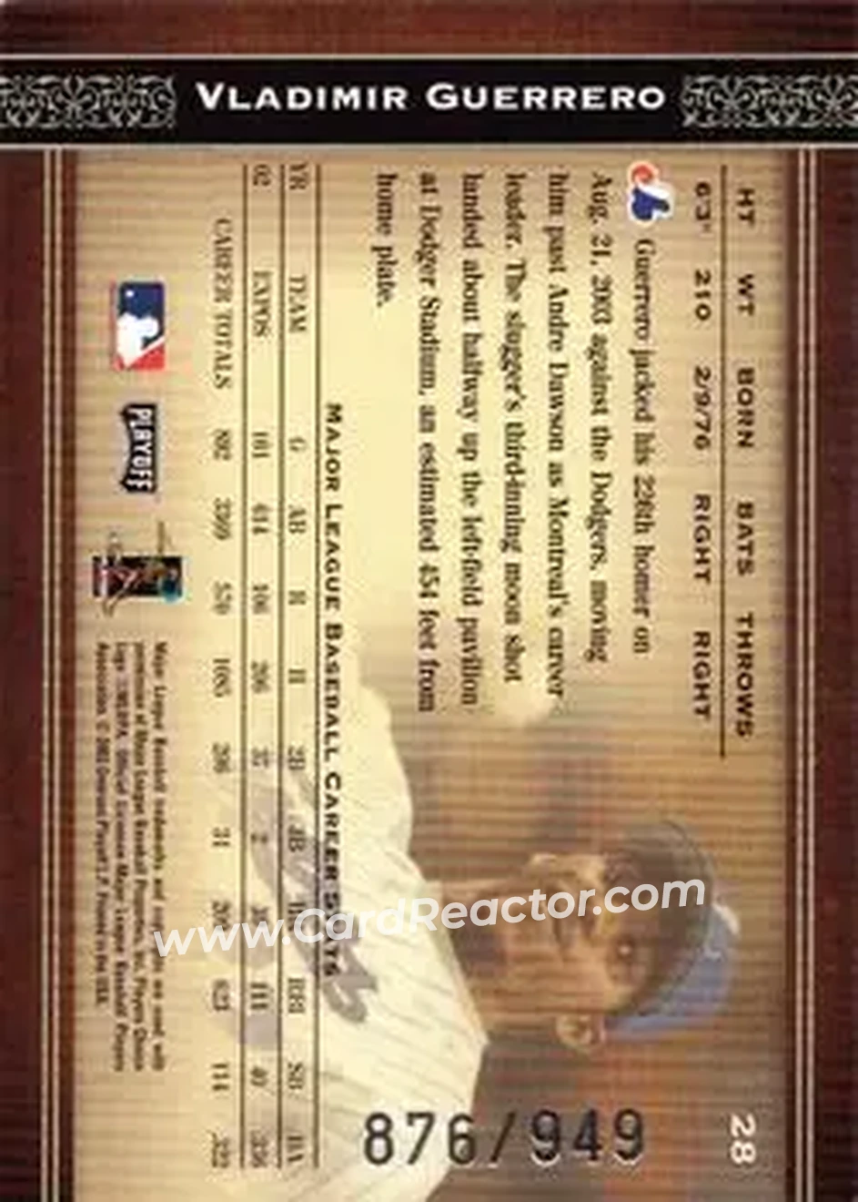 2004 Playoff Prime Cuts #28 - Vladimir Guerrero - Montreal Expos - Back