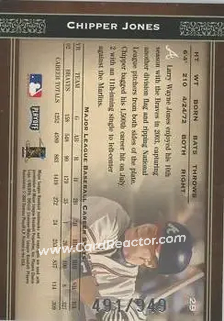 2004 Playoff Prime Cuts #29 - Chipper Jones - Atlanta Braves - Back