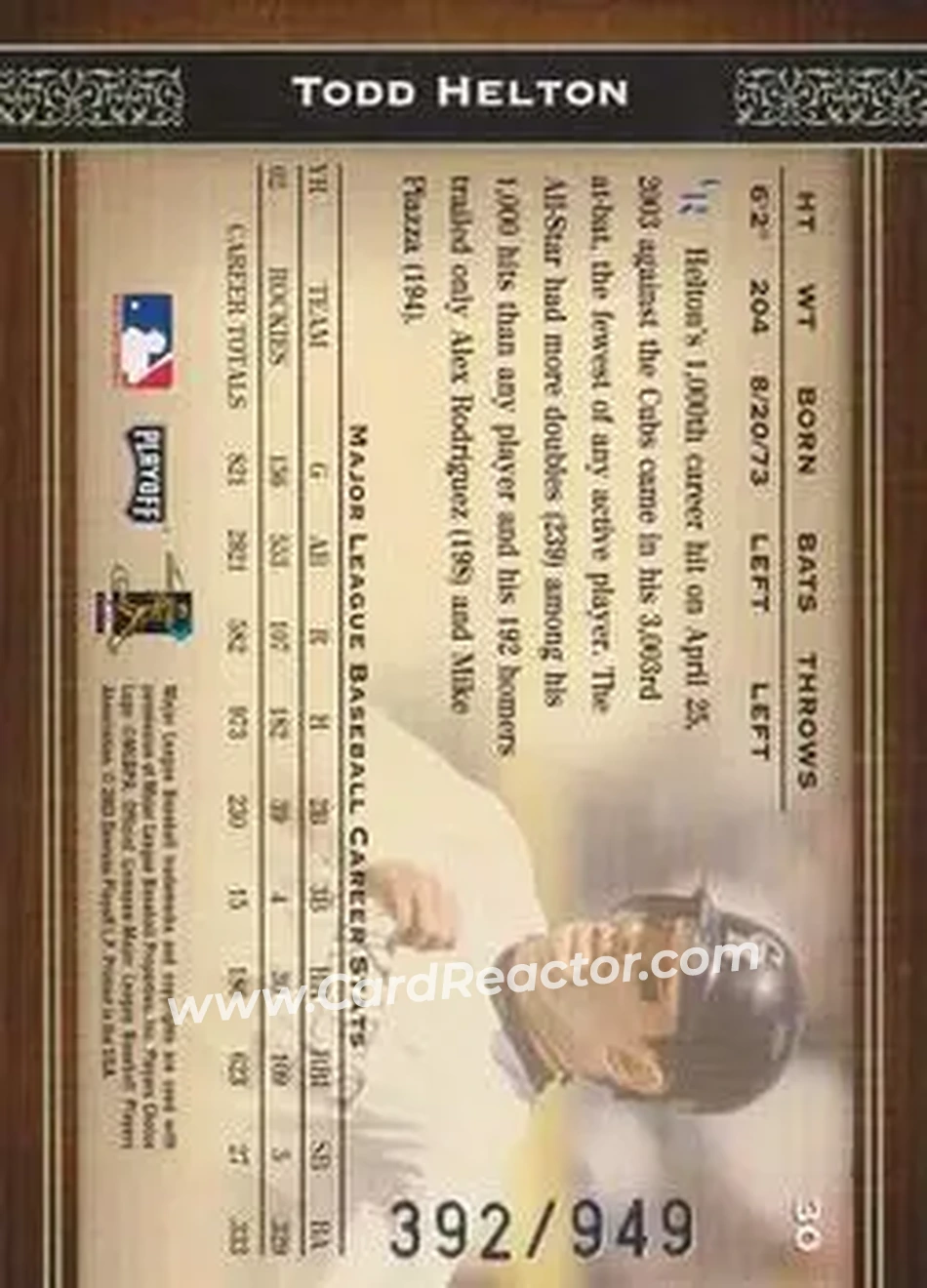 2004 Playoff Prime Cuts #30 - Todd Helton - Colorado Rockies - Back